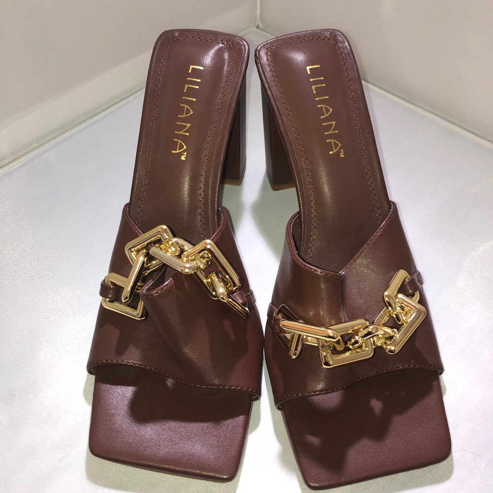 Liliana Brown Square Toe Gold Chain Block Heel Mule Sandals 8.5 00451739